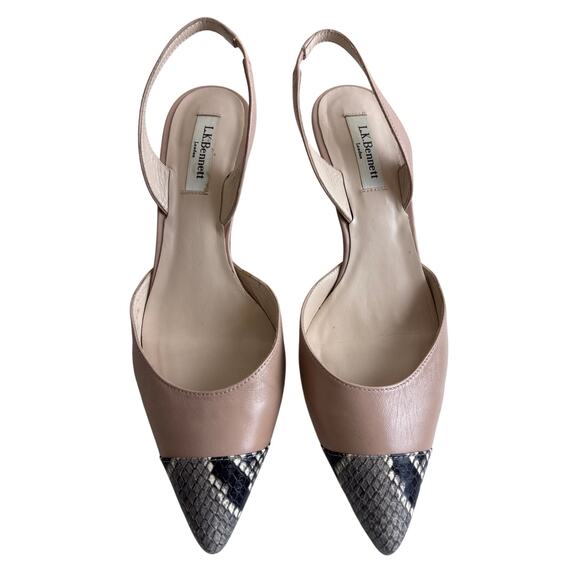 L.K. Bennett Shoes - L.K. Bennett London EU39.5 Nude Leather Slingback Heels Snakeskin Cap Toe Spain